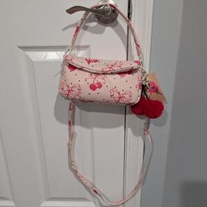 NWT Luv Betsey Pink Bow Cherries Black Hearts Crossbody Purse W/ Cherry Pompoms